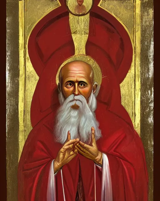 Image similar to portrait of full - length icon of saint nicholas by jaroslav cermak, showing him with a halo, dressed in clerical garb, and holding a book of the scriptures in his left hand while making the hand gesture for the sign of the cross with his right, by peter andrew jones, hd, hyper detailed, 4 k