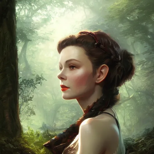 Image similar to closeup portrait of a young vivian leigh with elf ears, forest background, megacity, high fantasy, dramatic light, gorgeous view, depth, high detail, digital art, painted by greg rutkowski, trending on artstation