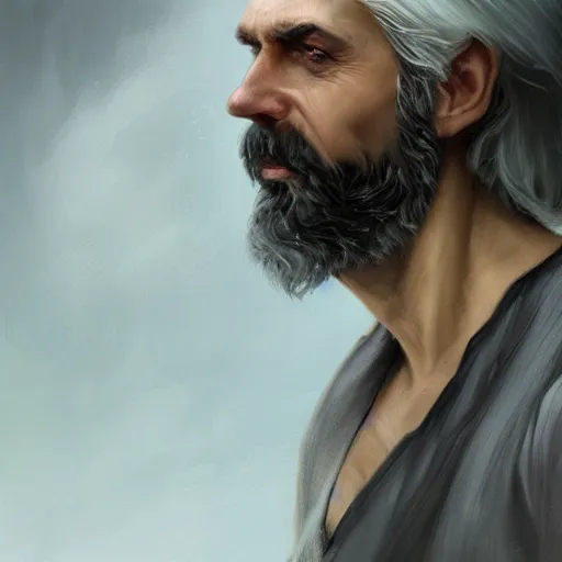 Image similar to epic portrait a beautiful man wearing a white blouse with short sleeves, Long gray hair, scars, beard, cool, digital painting, artstation, concept art, soft light, hdri, smooth, sharp focus, illustration, fantasy, intricate, elegant, highly detailed, D&D, matte painting, in the style of Greg Rutkowski and Alphonse Mucha and artemisia, 8k, highly detailed, jurgens, rutkowski, bouguereau, pastoral, rustic, georgic, detailed concept art, illustration, colorful pastel, painting, detail, ultra detailed, digital art, 4K,