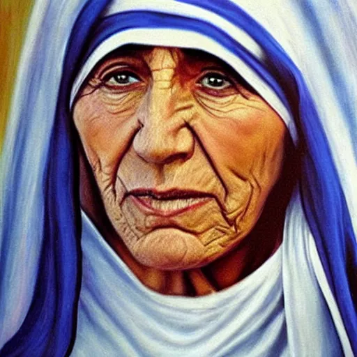 Image similar to nic cage as mother teresa, buff, painted portrait, highly detailed,