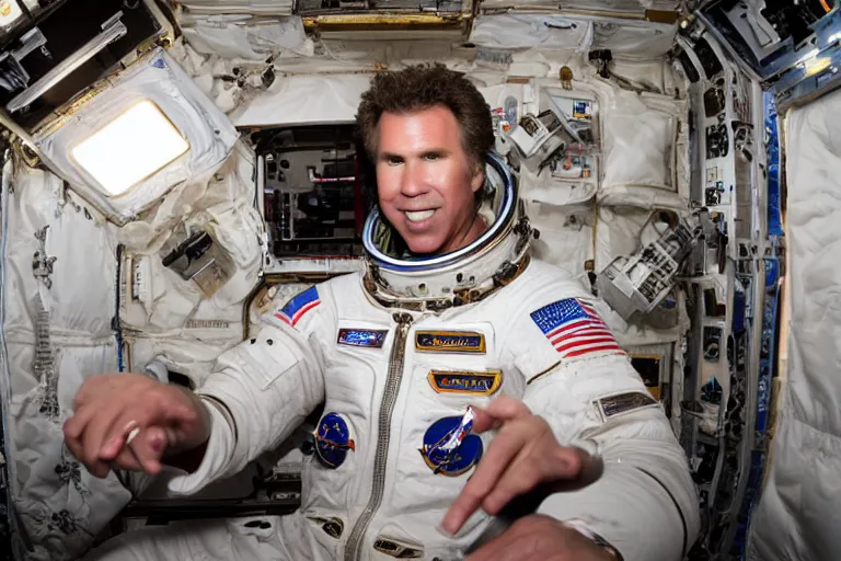 Image similar to 35mm Will Ferrell portrait photo on the international space station, by Emmanuel Lubezki