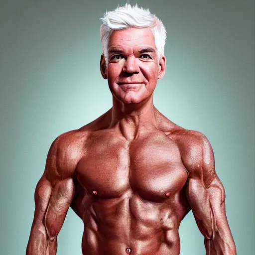 Image similar to Phillip schofield with the physique of a body builder, realistic, highly detailed, 4k, eye contact, digital painting,