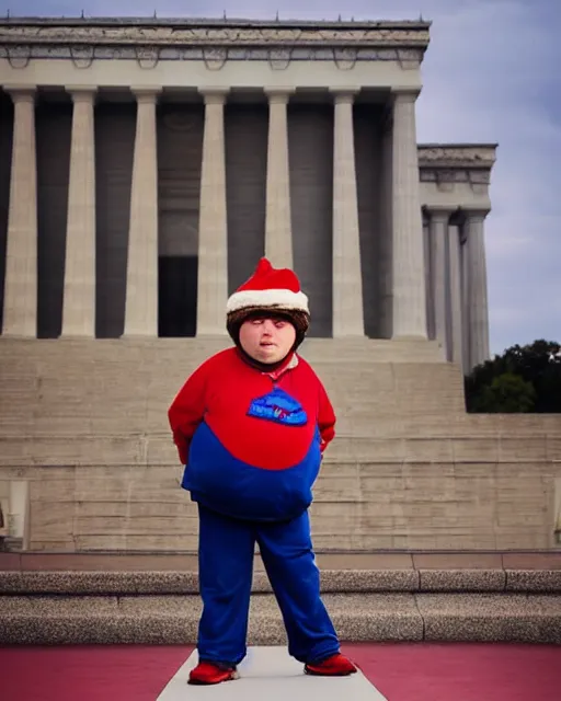 Image similar to Studio Photograph of a real life Eric Cartman from South Park shot in the Style of Annie Leibovitz in front of the Lincoln Memorial