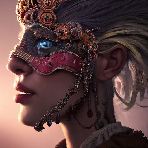 Prompt: Very very very very highly detailed epic photo of beautiful face with carnival mask, intricate, dystopian, sci-fi, extremely detailed, digital painting, artstation, concept art, smooth, sharp focus, illustration, intimidating lighting, incredible art by Anton Pieck, Octane render in Maya and Houdini VFX