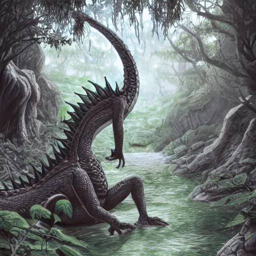 Image similar to a peaceful dragon idly standing in a forest, peacefully drinking river water, intricately defined, complexly detailed, robustly ordinated, artist concept art, artist interpretation, trending on artstation, digital art, 4 k quality