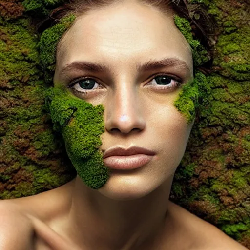 Prompt: beautiful portrait of a woman\'s face, her skin made of moss, flowers growing from her head, golden sunlight, extremely detailed, hyperrealistic, photo by annie leibovitz, masterpiece, award-winning