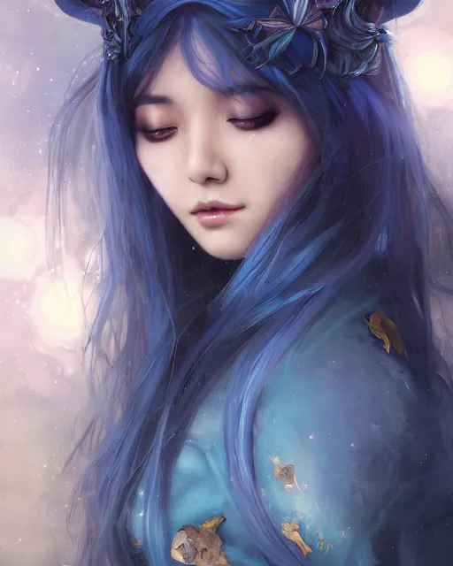 Image similar to stunningly beautiful female blue hair, cute korean actress, dj sura, fantasy art, fae priestess, lush dark forest landscape, fireflys at night, sharp focus, digital painting, 8 k, concept art, art by wlop, artgerm, greg rutkowski and alphonse mucha