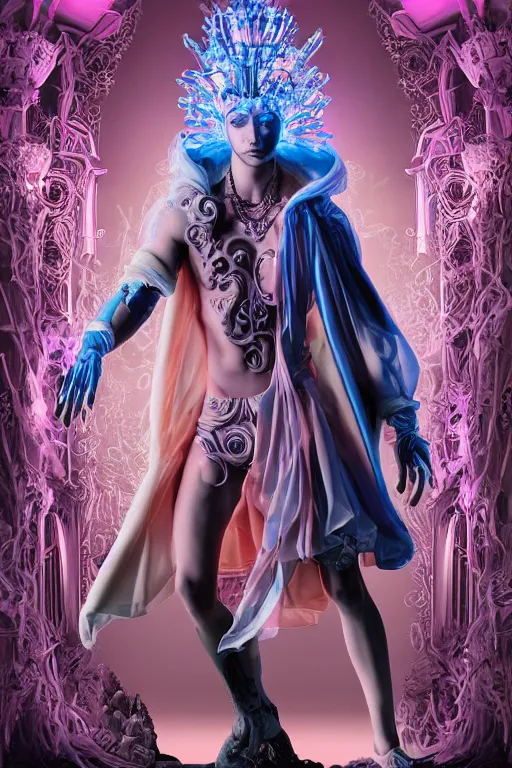 Image similar to full-body rococo and cyberpunk delicate neon crystalline sculpture of ((handsome muscular onyx albino prince Zayn Malik)) as an blue iridescent humanoid deity wearing ((peach plastic hooded cloak)) (holding an onyx skull) in a onyx castle dungeon, reclining, glowing pink face, crown of (pink lasers), large blue diamonds, swirling black silk fabric. futuristic elements. oozing glowing liquid, full-length view. space robots. intricate artwork by caravaggio. Trending on artstation, octane render, cinematic lighting from the right, hyper realism, octane render, 8k, depth of field, 3D