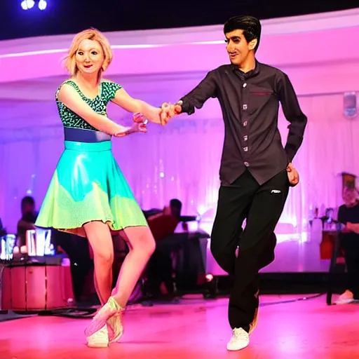 Image similar to Rishi Sunak and Liz Truss in a dance off, Rishi is serving Liz, it’s an 80s disco environment and there is a large crowd of pensioners watching 35mm 4k