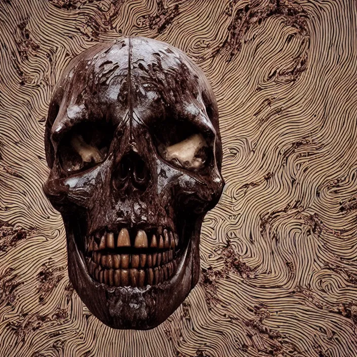 Image similar to portrait of a melting chocolate skull. razor sharp teeth. infected with zombie fungus. intricate abstract. intricate artwork. nightmare fuel. by Tooth Wu, wlop, beeple, dan mumford. octane render, trending on artstation, greg rutkowski very coherent symmetrical artwork. cinematic, hyper realism, high detail, octane render, 8k, iridescent accents