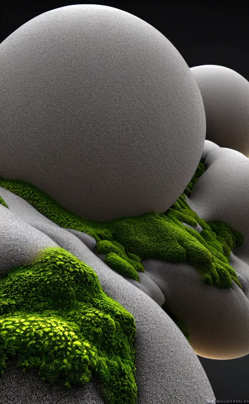 Image similar to highly detailed ultra sharp 3 d render cinematic composition of a smooth ceramic porcelain biomorphic magnolia stone nebula fluid fractal sci - fi surreal architecture landscape, granite, metallic, magnesium, marble, moss and lichen, vincent callebaut composition, mamou - mani, archviz, beautiful lighting, 8 k, unreal engine, hdr,