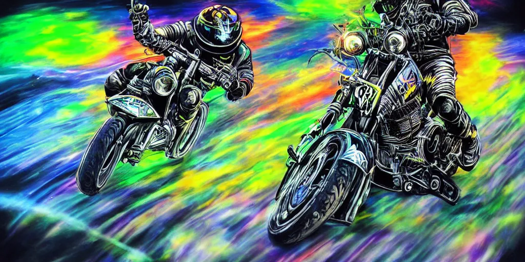 Image similar to psychedelic blacklight airbrush artwork, motorcycles, hyper stylized action shot of orc bikers racing on motorcycles, menacing orcs, drifting, skidding, wheelie, clear focused details, soft airbrushed artwork, black background, post - apocalypse, cgsociety, artstation, peter palombi, peter lloyd