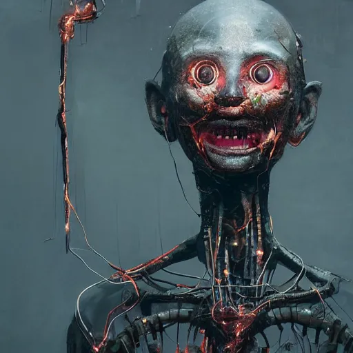 Prompt: an realistic humanoid animatronic made of rubbish with a creepy happy face, lost look, sparks, destroyed city on fire, broken wires, depth of field, robotic limbs on floor, by Greg Rutkowski and Zdzisław Beksiński, expressive face, synthetic skin, burnt