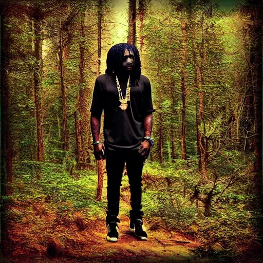 Prompt: an iphone 5 photo of chief keef standing in the middle of a creepy forest, edited with heavy hdr effect