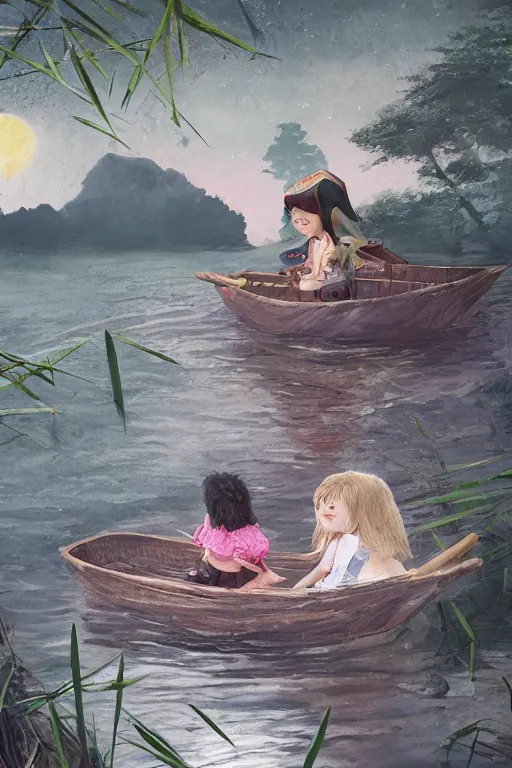 Prompt: a little girl and her puppy sit in a small bamboo boat in a lake, with renaissance ambiance, moonlit night dreamy atmosphere, artstation, 8K