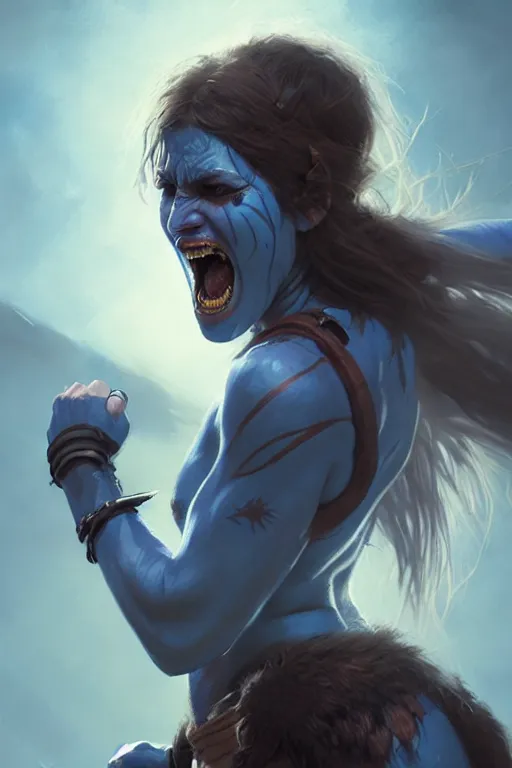 Prompt: portrait of a screaming celtic berserker woman with blue warpaint, medium shot, portrait, concept art, natural lighting, illustration, full color, highly detailed, photorealistic, by greg rutkowski and artgerm, artstation,