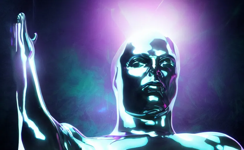 Prompt: silver surfer by bill sienkiewicz, stellar, hiperrealistic neon glow darkness dramatic neon, sharp focus, octane render, imax