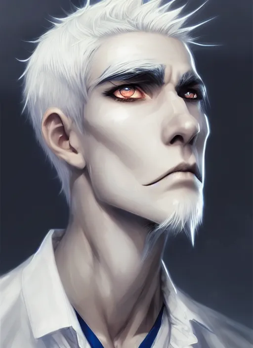 Image similar to highly detailed portrait art of half skull face boy white hair, black and blue eyes, ross tran, krenz cushart, white shirt, vd, intricate, digital anime art, sharp focus