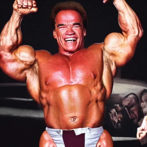 Image similar to what if danny de vito had arnold schwarzenegger's body, photo, flexing, realistic, detailed