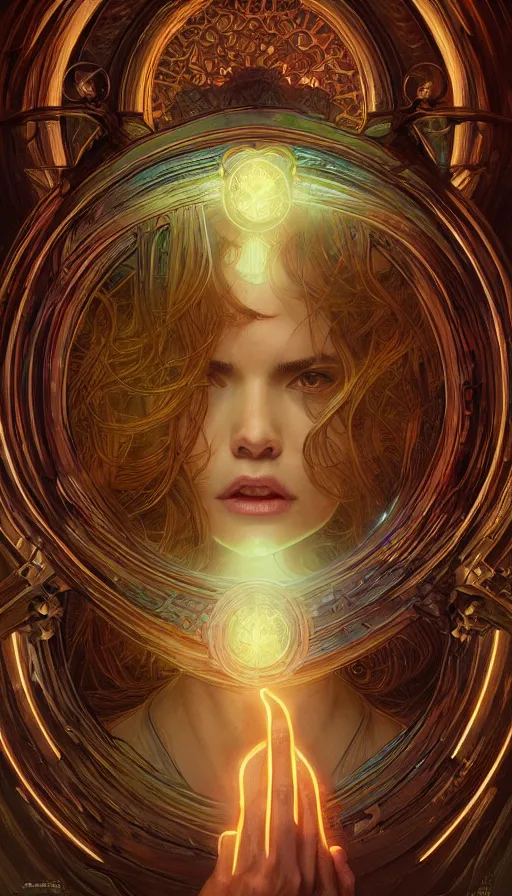 Prompt: door, gorgeous woman, lord of the rings ,neon, fibonacci, sweaty, insane, intricate, highly detailed, digital painting, artstation, concept art, smooth, sharp focus, illustration, Unreal Engine 5, 8K, art by artgerm and greg rutkowski and alphonse mucha