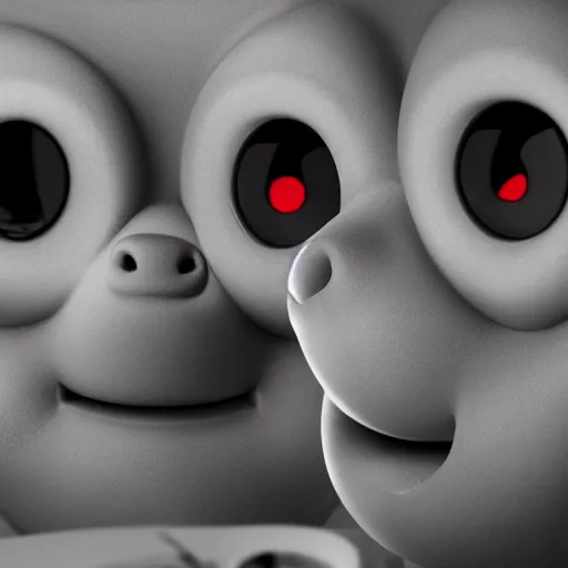 Image similar to black and white creepy Teletubbies with wide open human realistic eyes with red veins, highly detailed, sharp focus, octane render, cosmic horror, surrealistic