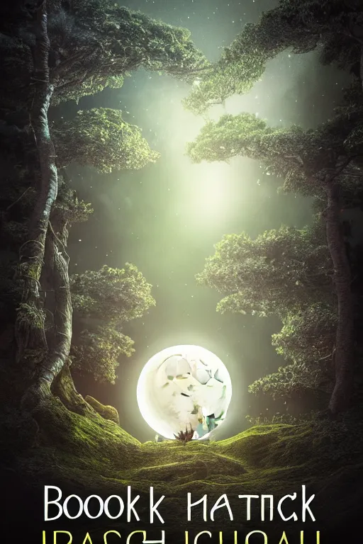 Image similar to book poster, high quality fantasy stock photo, unsplash transparent, forest and moon, intricate detail, elegant, hyper realistic, ultra detailed, octane render, volumetric cinematic lighting, 8 k post - production