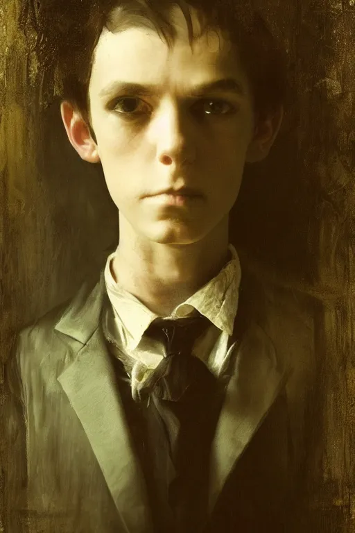 Image similar to detailed cinematic moody colors studio portrait of a possesed young victorian gentleman being controlled like a puppet, creepy evil vibe, high quality by jeremy mann, only one head single portrait