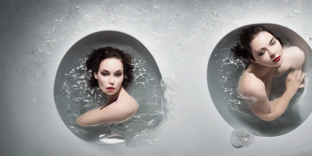 Image similar to photography of a top model, through the water in a bathtub, with some bubbles, top shot, seen from above