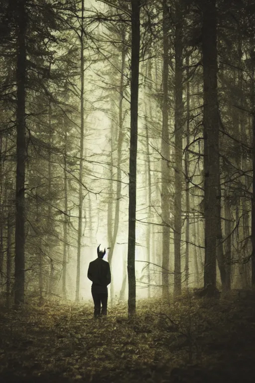 Prompt: kodak portra 4 0 0 photograph of a guy with deer antlers standing in a dark fantasy forest, back view, lens flare, moody lighting, moody vibe, telephoto, 9 0 s vibe, blurry background, grain, tranquil, calm, faded!,