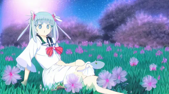 Image similar to Kanna Kamui sitting in a field of Ghibli Clover | Big Moon at Blue Night | GLOWING FLOWERS | strong blue rimlit | visual-key | anime illustration | highly detailed High resolution | Light Novel | Visual Novel | Gosick