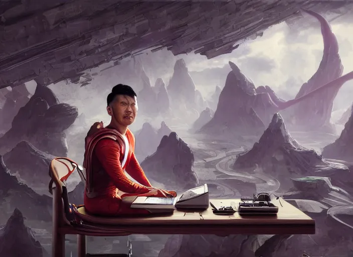 Image similar to an insanely detailed painting of an asian man wearing a homemade superhero costume, sitting at a desk, staring seriously at the computer and typing, in the style of peter mohrbacher, james jean, artgerm, dramatic lighting and composition, surreal background, octane render, pixar, trending on artstation, concept art, comic book, view from behind, 8 k