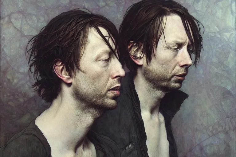 Image similar to hyper realistic portrait of ( thom ) ( yorke ) ( radiohead ) singer songwriter, side, liminal space, by lee bermejo, alphonse mucha and greg rutkowski