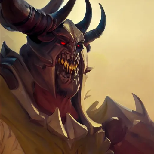 Image similar to Greg Manchess portrait painting of a large-horned demonic, devil armored character from league of legends, medium shot, asymmetrical, profile picture, Organic Painting, sunny day, Matte Painting, bold shapes, hard edges, street art, trending on artstation, by Huang Guangjian and Gil Elvgren and Sachin Teng