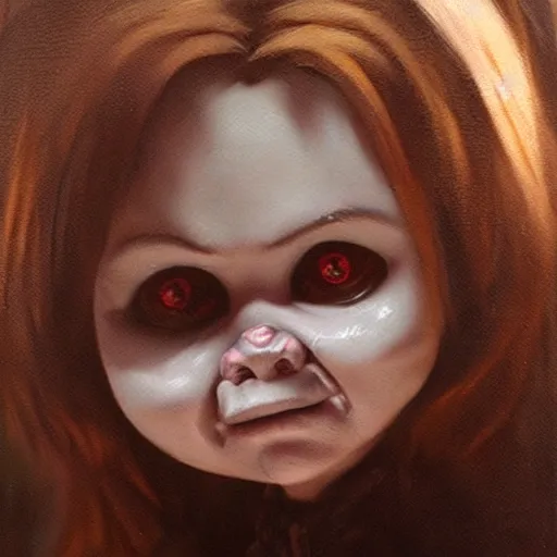 Image similar to the doll chucky, oil painting, by greg rutkowski