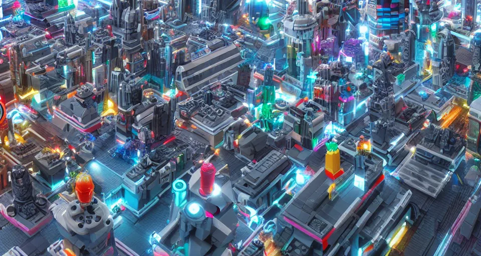 Prompt: sci - fi futuristic city made of lego bricks, photorealistic, 8 k, octane render, still from lego movie