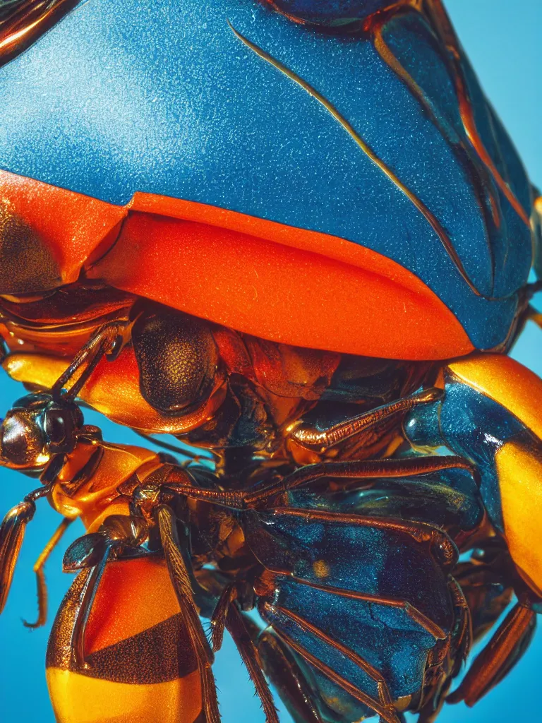 Image similar to close - up shot of a beautiful colorful beetle. insect eyes. complementary color scheme. subsurface scattering, translucency, backlit, diffused, smooth. studio photography high quality highly detailed award winning photograph by national geographic, by slim aarons, by kechun zhang. sculpture by antonio canova, renaissance painting