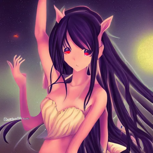 Image similar to digital painting of a long hair anime lady ELF dancing in the moonlight l Trending on Pixiv