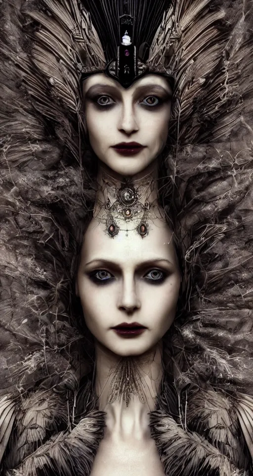 Image similar to a single faced portrait of the enchantress queen with a stunning timeless beauty, breathtaking eyes, perfect skin, feathered eyelashes, royal gothic dress with a lot of leather, heavy silent hill aesthetic, incredibly intricate, digital art, blender, houdini & photoshop, very elegant & complex, hyper-maximalist, overdetailed, epic cinematic quality, biblical art lighting, photorealistic, lifelike, OLED, DSLR HDR 8k, face is the focus, facial feature symmetry, hyper composed, created by Nixeu & z--ed from deviantart