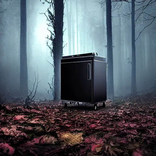 Image similar to a fridge in the middle of a dark and scary forest, sinister, mysterious, stranger things style photo, hdr, trend on artstation