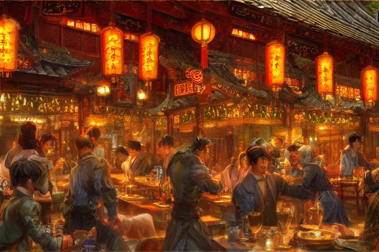 Image similar to fantasy art of a bustling tavern in china, at night, by ralph horsley, highly detailed digital art, trending on artstation