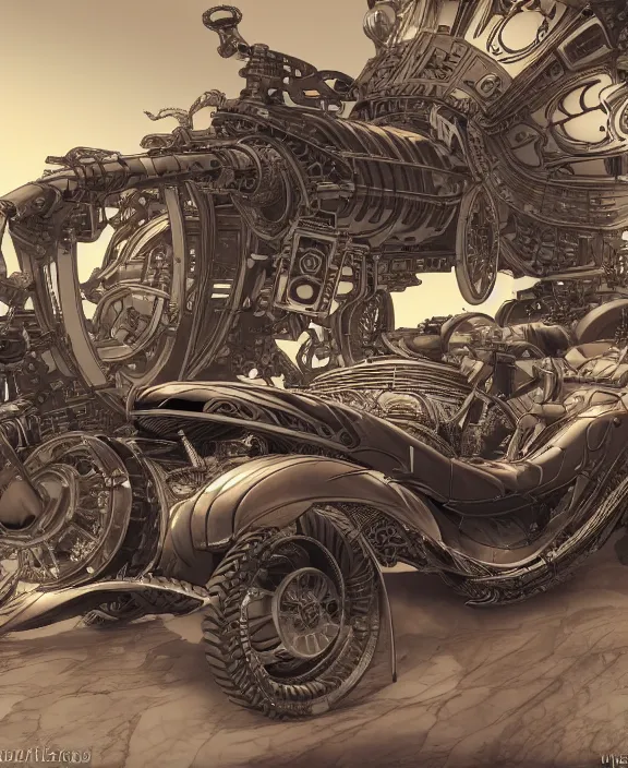 Prompt: a detailed manga style illustration of a steampunk supercar, by moebius and stephan martiniere, 4 k resolution, detailed, unreal engine, octane render, trending on artstation