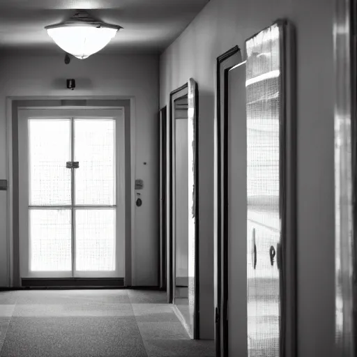 Image similar to photograph of empty hallway, sigma 3 0 mm, f / 2. 8, 8 k, high detail, decorative walls, open door on left letting light through.