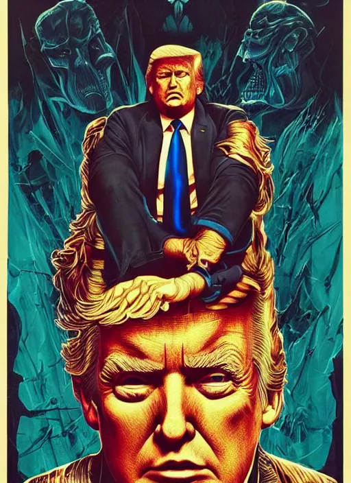 Image similar to donald trump as the villain, slasher film, grotesque, horror, high details, intricate details, by vincent di fate, artgerm julie bell beeple, 70s, inking, vintage 70s print, screen print