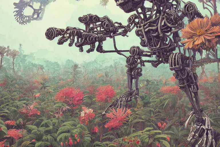 Prompt: 2 d gouache illustration, a lot of exotic vegetation, trees, tremendous skeletal robotic ancient gigantic robot, flowers, oldschool vintage sci - fi flat surreal design, super - detailed, painting by satoshi kon, hd, 4 k, high quality