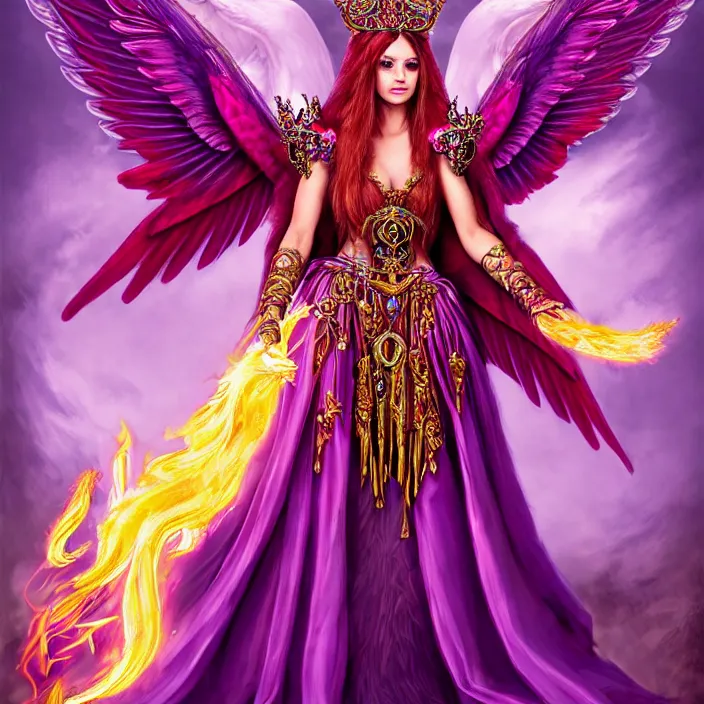 Image similar to Princess sorceress with red flaming bird wings on her back and sitting on an ornate throne dressed in a fancy purple dress, beautiful realistic symmetrical defined face, anatomically correct, Fantasy, Full Portrait, High detail, realistic, planeswalker