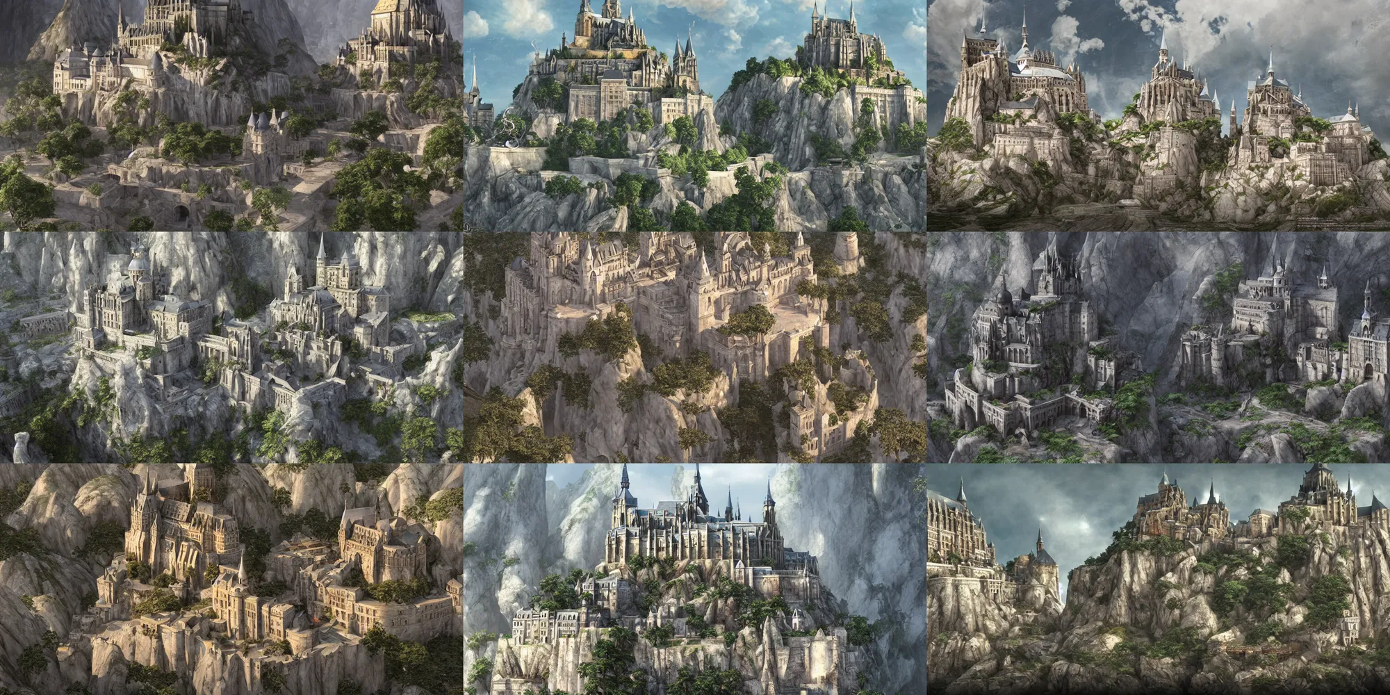 Prompt: monumental beautiful monastery complex like mont saint-michel, carved in white marble rock cliff, megascan textures, cinematic composition, Jim Burns, Craig Mullins, wide angle, in the style of hayao miyazaki + brian froud + kim jung gi, studio ghibli, beautiful high detail enhanced 8k render