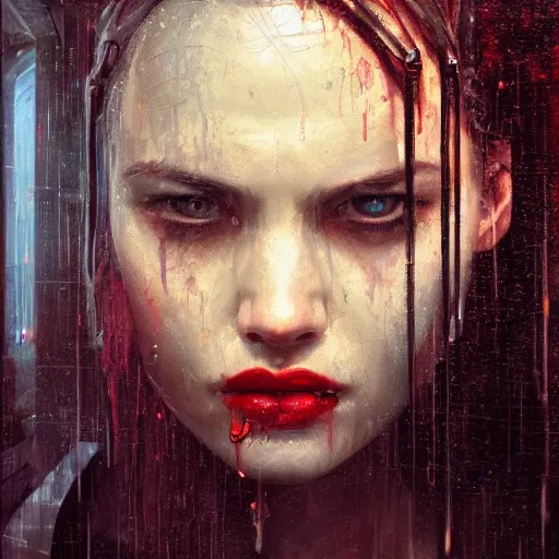 Image similar to detailed face of a woman, moment, cyberpunk cloisters, displays, tech noir, wet reflections, atmospheric, ambient, speed painting, livia prima, greg rutkowski, edward hopper