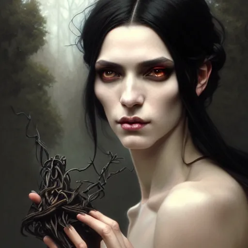 Image similar to portrait painting of an androgynous witch with shoulder length flowing black hair pale skin and beautiful dark brown eyes, ultra realistic, concept art, intricate details, eerie, highly detailed, photorealistic, octane render, 8 k, unreal engine. art by artgerm and greg rutkowski and alphonse mucha