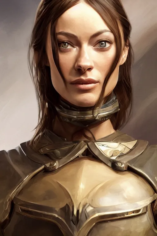 Image similar to a professional painting of a young Olivia Wilde, clothes in military armor, olive skin, long dark hair, beautiful bone structure, symmetrical facial features, intricate, elegant, digital painting, concept art, smooth, sharp focus, illustration, from StarCraft by Ruan Jia and Mandy Jurgens and Artgerm and William-Adolphe Bouguerea