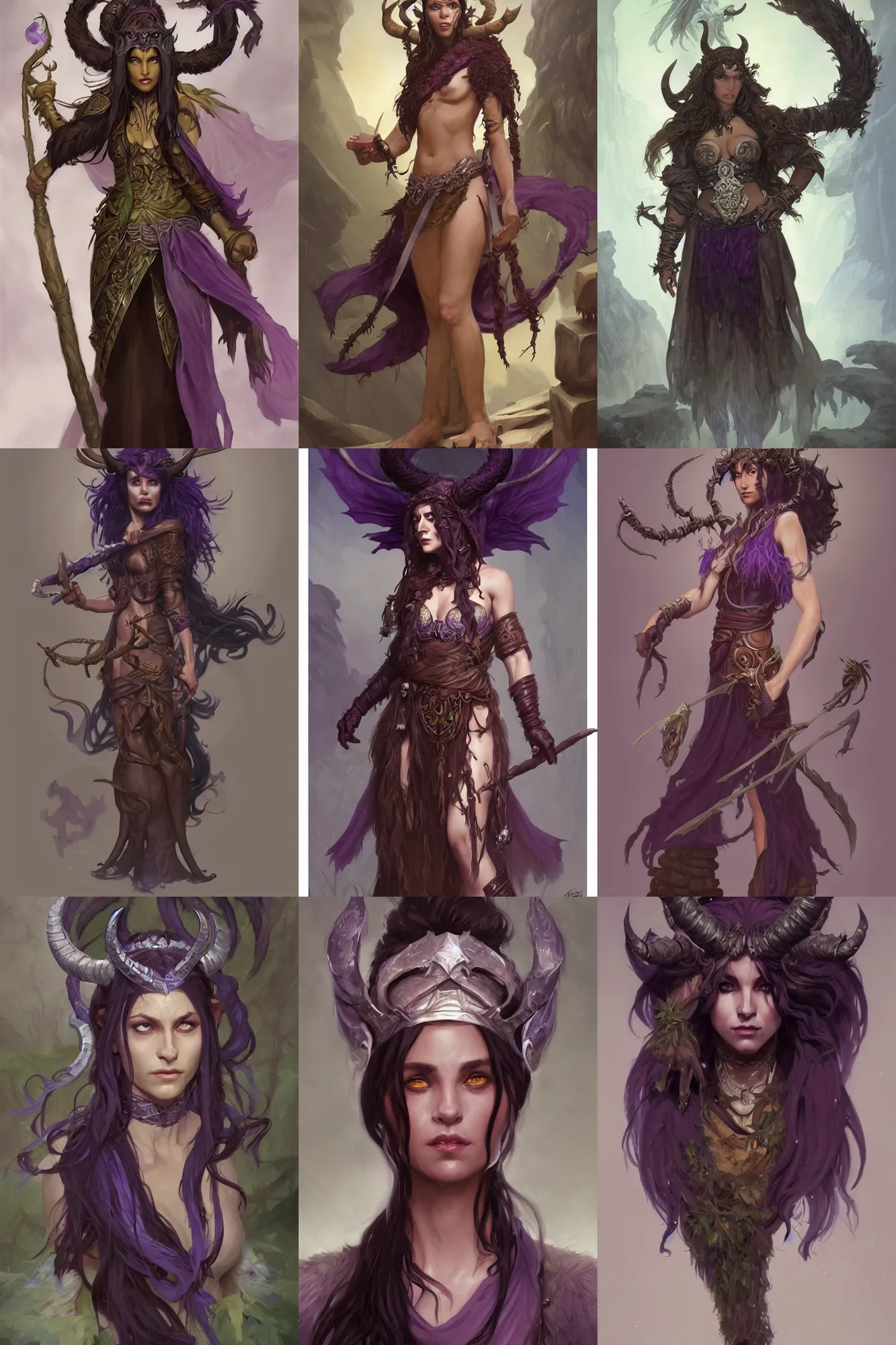 Prompt: Attractive Druid, Tiefling race , she has light brown skin, dark purple hair, and silver eyes full body, dungeons and dragons portrait, highly detailed, digital painting, artstation, concept art, sharp focus, illustration, art by greg rutkowski and alphonse mucha